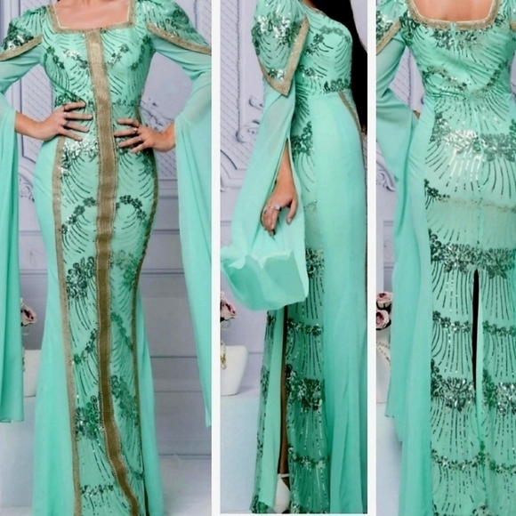 Mint Square Neck, Contrast Sequined, Split Thigh, Long Sleeved,  Mermaid Gown - Picture 3 of 16